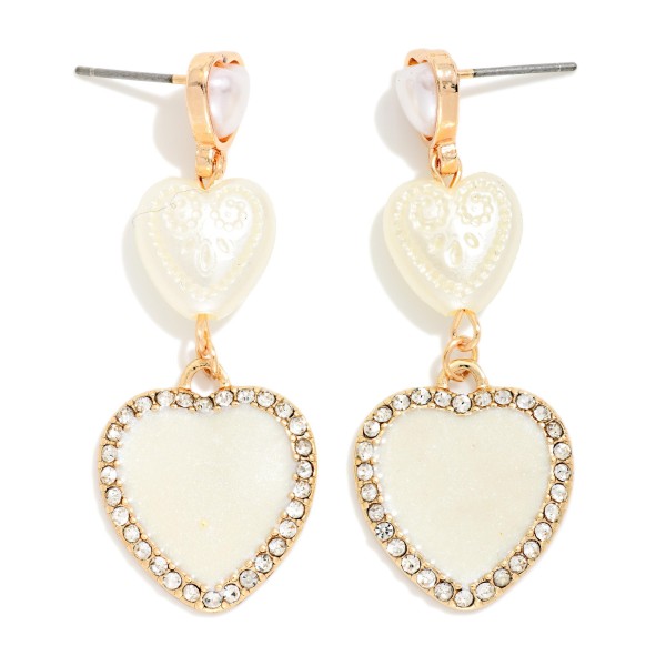 Linked Pearl Hearts Post Drop Earrings Featuring Engraved Details & Rhinestones

- Approximately 1.75" L