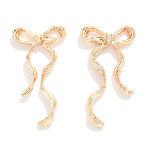 Metal Tone Wavy Bow Post Drop Earrings 

- Approximately 2" L