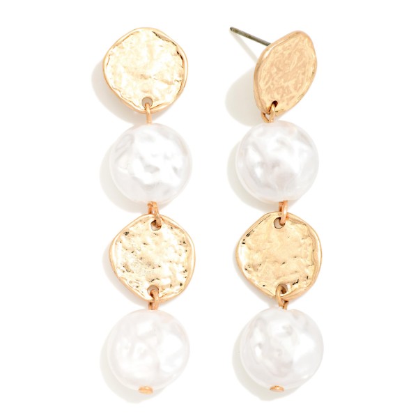 Linked Hammered Metal Disk & Flat Pearl Drop Earrings 

- Approximately 2" L