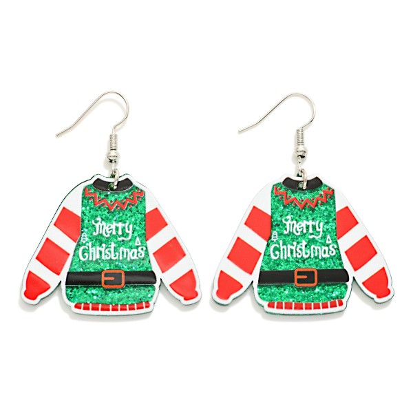 Glitter Acetate "Merry Christmas" Sweater Drop Earrings 

- Approximately 2" L