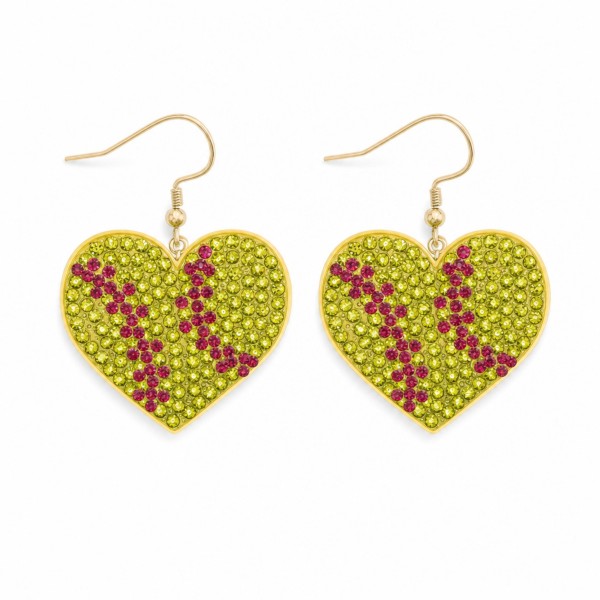 Softball Heart Rhinestone Drop Earrings — pave crystal hearts marked with the classic softball seam curve, set on lightweight fishhook wires. Densely packed stones catch the light from the stands, and the heart shape keeps them wearable well past the last inning. A go-to for softball moms, players, travel teams, tournament weekends, and senior night gifts. An easy low-ticket impulse buy that turns fast at the register.