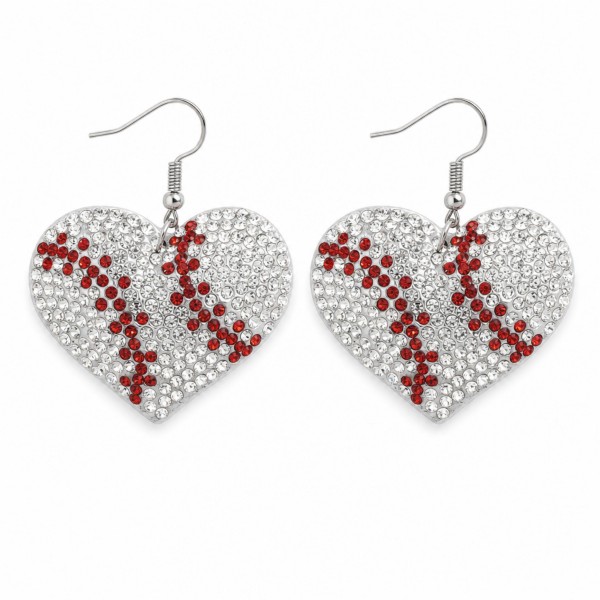 Baseball Heart Rhinestone Drop Earrings — pave crystal hearts stitched with the classic baseball seam curve, hung on lightweight fishhook wires. Densely set stones sparkle from the bleachers, while the heart shape keeps them cute enough to wear off the diamond. A favorite for baseball moms, little league families, travel ball weekends, and team gifting. Low price point, high turn — a reliable register impulse buy all season.