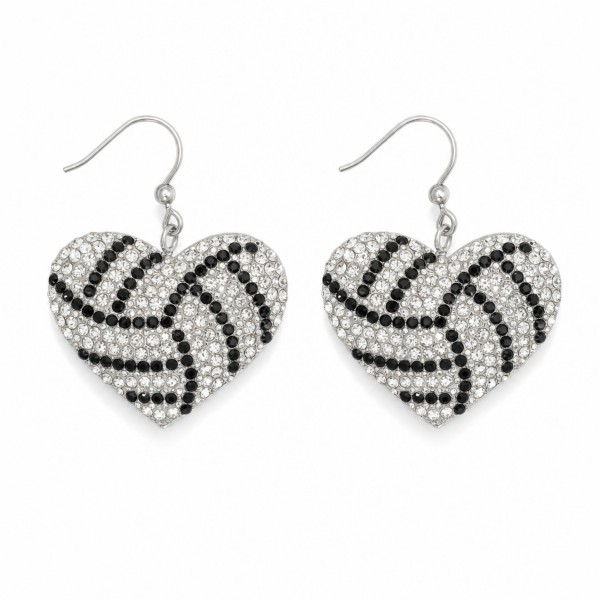 Volleyball Heart Rhinestone Drop Earrings — pave crystal hearts laid out in the classic volleyball panel pattern on lightweight fishhook wires. Densely set stones sparkle under gym lights, and the heart silhouette makes them wearable well beyond match day. A natural pick for volleyball moms, players, club teams, tournament travel, and senior night gifts. Small ticket, high turn — an easy countertop impulse buy for boutiques in volleyball towns.