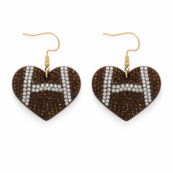 Football Heart Rhinestone Drop Earrings — pave crystal hearts detailed with classic football laces and stitching, hung on lightweight fishhook wires. Densely set stones catch the Friday night lights, while the heart shape keeps the look feminine rather than plain team merch. Perfect for football moms, cheer squads, tailgates, homecoming, and senior night gifting. A low-price impulse buy that turns fast in boutiques every fall.