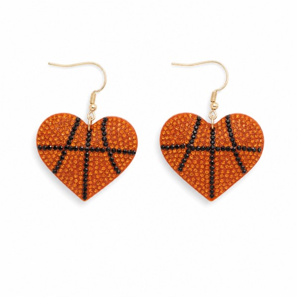 Basketball Heart Rhinestone Drop Earrings — pave crystal hearts set with a classic basketball seam pattern on lightweight fishhook wires. Densely packed stones throw sparkle across the gym, and the heart shape softens the sporty look into something wearable off the court. A go-to for basketball moms, players, team gifts, and senior night. An easy impulse add-on at the register that sells through fast all season long.