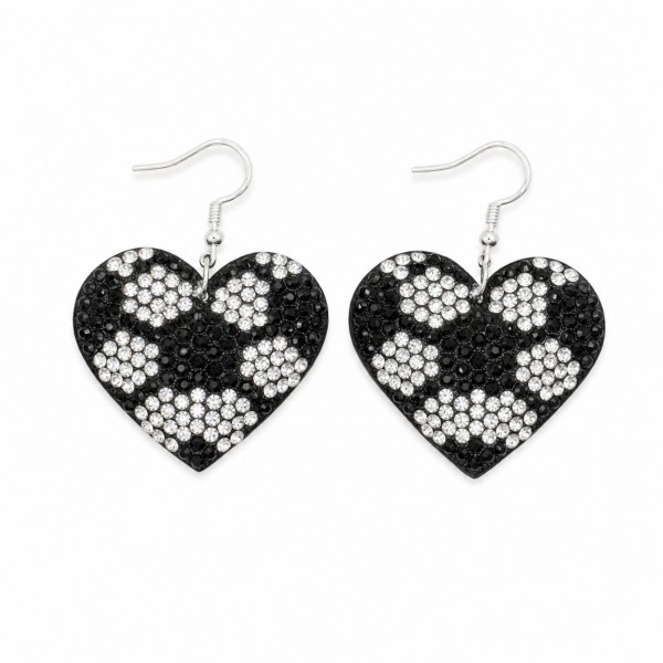 Soccer Heart Rhinestone Drop Earrings — pave crystal hearts styled with a classic soccer ball pattern on lightweight fishhook wires. Densely set stones catch the light from the sideline, while the heart silhouette keeps the look sweet instead of sporty-plain. A go-to for soccer moms, players, team gifts, senior nights, and tournament weekends. Priced as an easy impulse add-on, these game-day earrings sell through fast every season for boutiques in soccer towns.