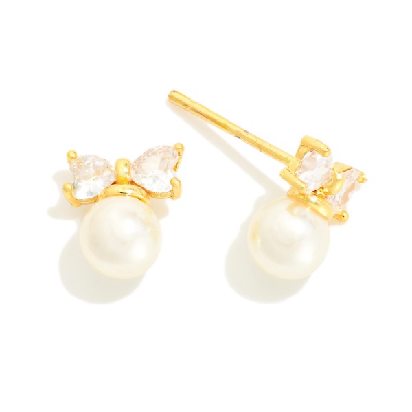 Cubic Zirconia Bow & Pearl Stud Earrings 

- Gold Dipped
- Approximately .25" L
