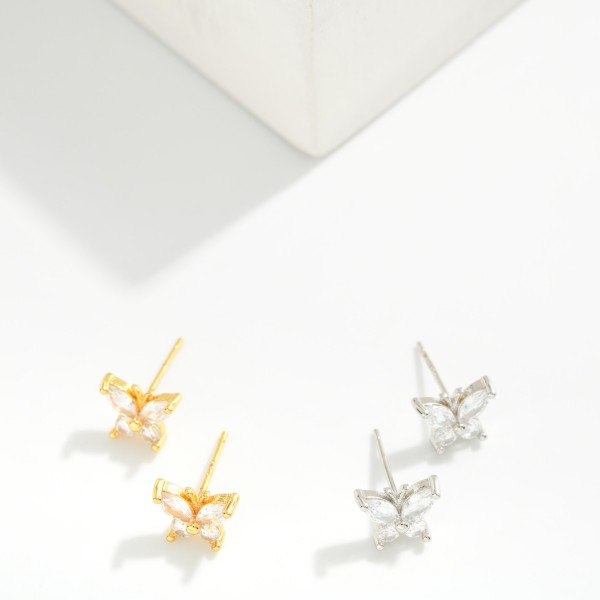 Cubic Zirconia Butterfly Stud Earrings 

- Gold Dipped
- Approximately .25" L
