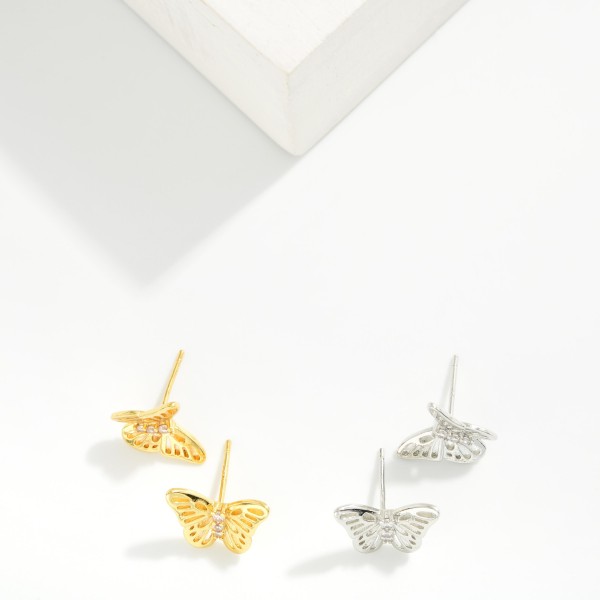 Metal Tone & Cubic Zirconia Butterfly Stud Earrings 

- Gold Dipped 
- Approximately .5" L