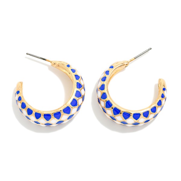 Harlequin Pattern Enamel Two Tone Tapered Hoop Earrings 

- Approximately .75" D X 1" L 