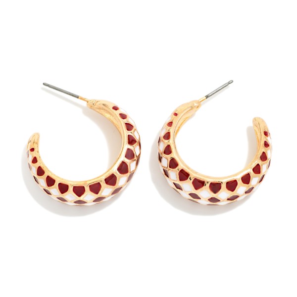 Harlequin Pattern Enamel Two Tone Tapered Hoop Earrings 

- Approximately .75" D X 1" L 