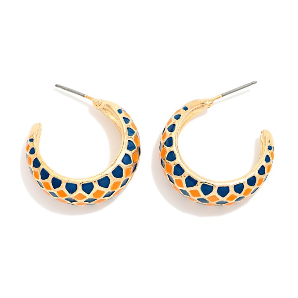 Harlequin Pattern Enamel Two Tone Tapered Hoop Earrings 

- Approximately .75" D X 1" L 