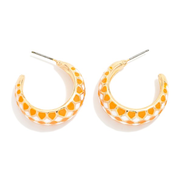 Harlequin Pattern Enamel Two Tone Tapered Hoop Earrings 

- Approximately .75" D X 1" L 