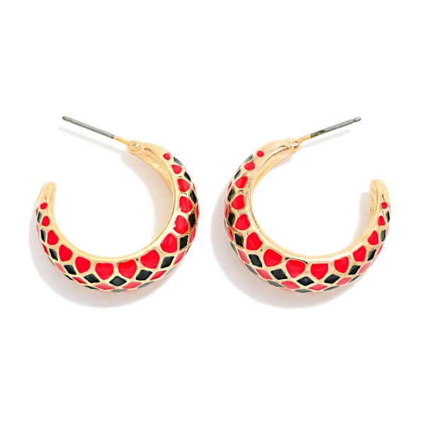 Harlequin Pattern Enamel Two Tone Tapered Hoop Earrings 

- Approximately .75" D X 1" L 