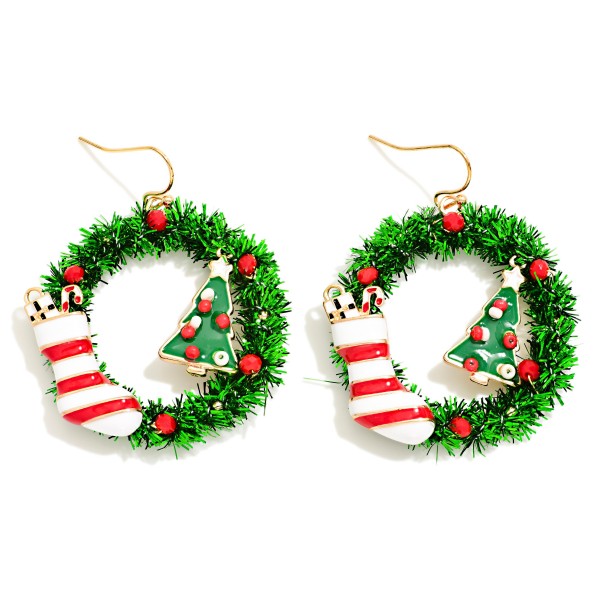 Tinsel Wreath With Enamel Stocking & Christmas Tree Drop Earrings 

- Approximately 2.25" L
