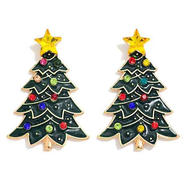 Christmas Tree Rhinestone Stud Earrings featuring a glossy enamel tree trimmed with sparkling rhinestone ornaments and topped with a faceted crystal star. Layered branches with polished metal outlines give these a classic, dimensional look, while secure posts keep them comfortable for all day wear. A festive pick for Christmas parties, school programs, church services, and holiday family photos. Cheerful, giftable, and priced as an easy add on, these tree studs are a dependable seller all season long.