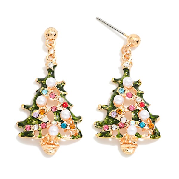 Jeweled Openwork Christmas Tree Drop Earrings featuring a filigree style tree with enamel edged branches, scattered rhinestones, and faux pearl ornaments, finished with a tiny bell at the base and a polished ball post. The open, airy design keeps them lightweight while delivering plenty of vintage inspired sparkle. Lovely for Christmas Eve services, holiday parties, and festive family gatherings. Classic jeweled trees are a timeless holiday seller for every age group.