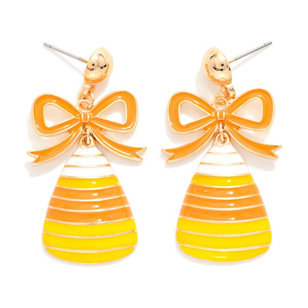 Enamel Stripe Candy Corn & Bow Post Drop Earrings 

- Approximately 1.5" L