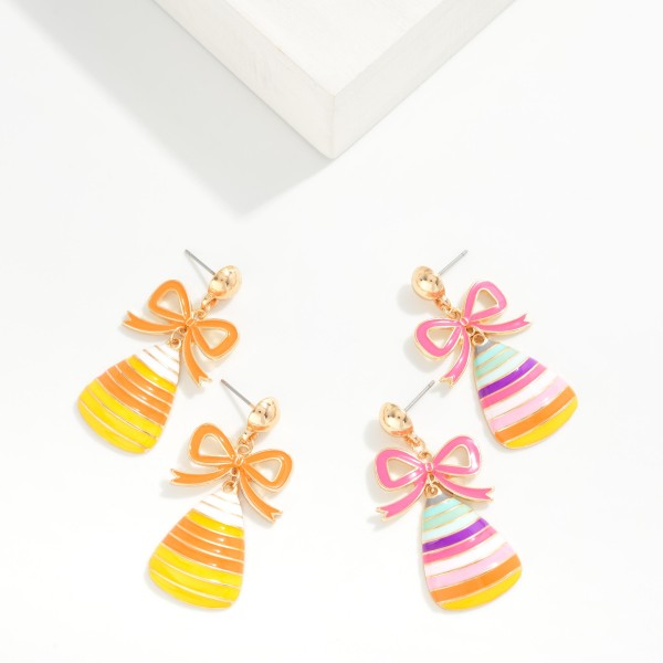 Enamel Stripe Candy Corn & Bow Post Drop Earrings 

- Approximately 1.5" L