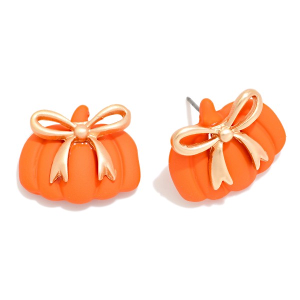 Polymer Clay Pumpkin & Metal Tone Bow Post Drop Earrings 

- Approximately .75" L