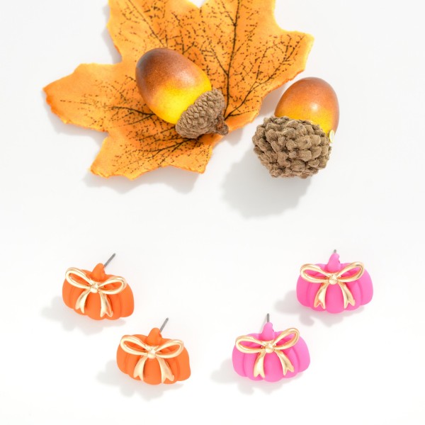 Polymer Clay Pumpkin & Metal Tone Bow Post Drop Earrings 

- Approximately .75" L