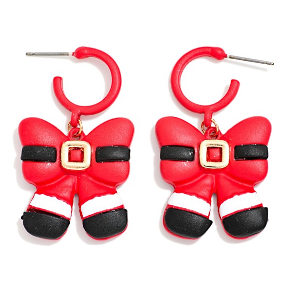 Santa Suit Bow Drop Earrings featuring a puffy bow wrapped with Santa's classic belt and buckle, finished with dangling fur cuffed boots, hanging from a coated open hoop post. The matte, rubberized finish gives a soft, modern look that stands out from typical holiday enamel. A playful pick for Christmas parties, Santa photos, and festive office events. Bows are the trend of the season, and this clever Santa twist is a guaranteed conversation starter.