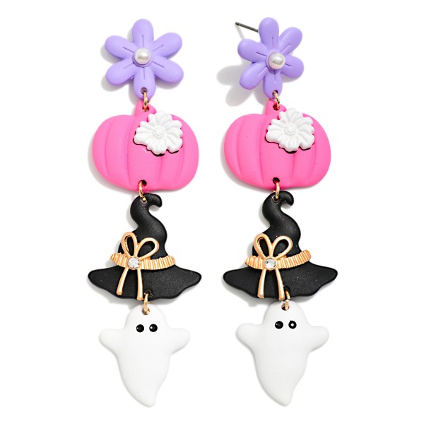 Linked Polymer Clay Flower, Pumpkin, Witch Hat, & Ghost Post Drop Earrings 

- Approximately 3.25" L 