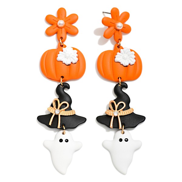 Linked Polymer Clay Flower, Pumpkin, Witch Hat, & Ghost Post Drop Earrings 

- Approximately 3.25" L 