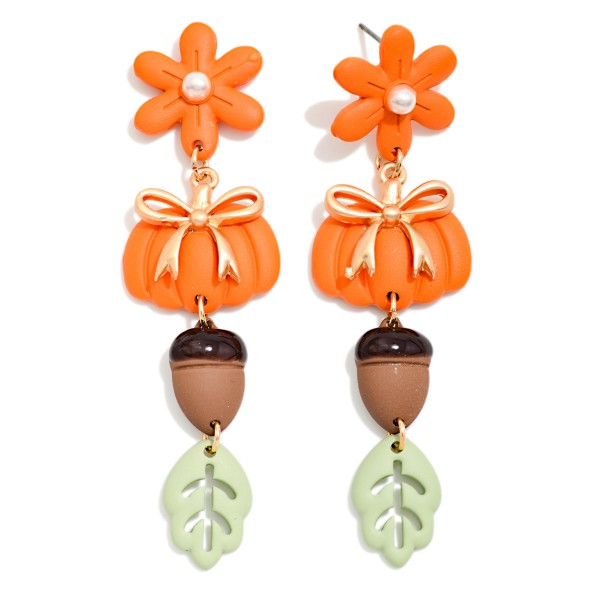 Linked Polymer Clay Flower, Pumpkin, Acorn, & Left Post Drop Earrings 

- Approximately 3" L  