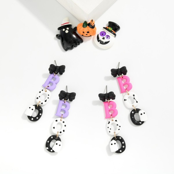 Polymer Clay Linked "BOO" & Bow Ghost Drop Earrings 

- Approximately 2.25" L