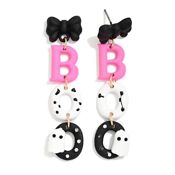 Polymer Clay Linked "BOO" & Bow Ghost Drop Earrings 

- Approximately 2.25" L