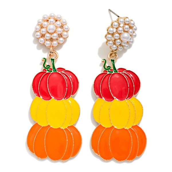 Stacked Enamel Pumpkins With Pearl Cluster Post Drop Earrings 

- Approximately 2.25" L