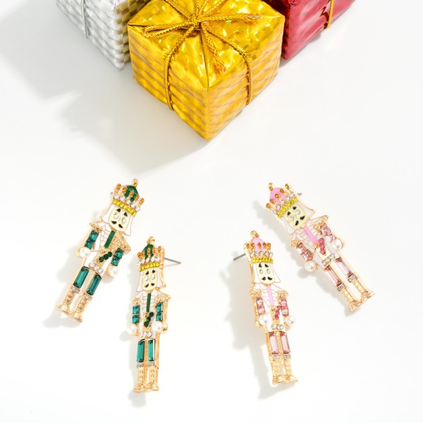 Enamel & Rhinestone Nut Cracker Post Drop Earrings 

- Approximately 2" L