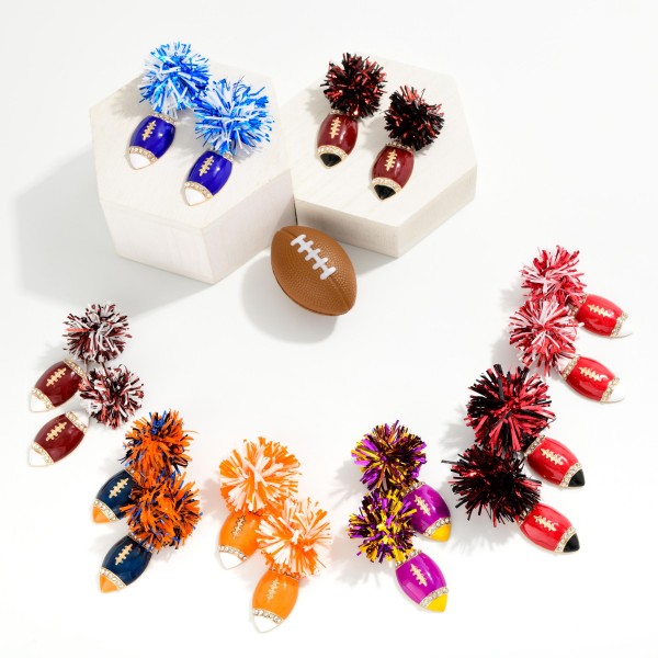Game Day Pom & Enamel Football Drop Earrings 

- Approximately 2.5" L