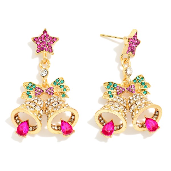 Rhinestone Star & Bells Post Drop Earrings 

- Approximately 1.5" L