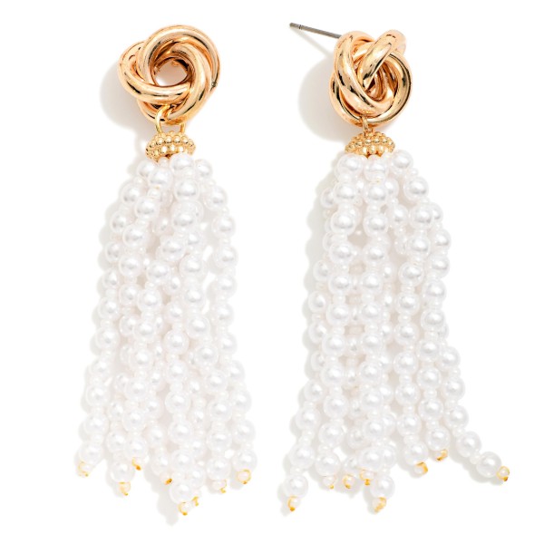 Knotted Metal & Pearl Tassel Post Drop Earrings 

- Approximately 2.5" L