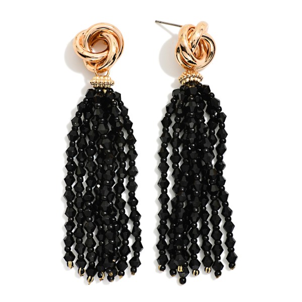 Metal Tone Knot & Beaded Tassel Post Drop Earrings 

- Approximately 3" L