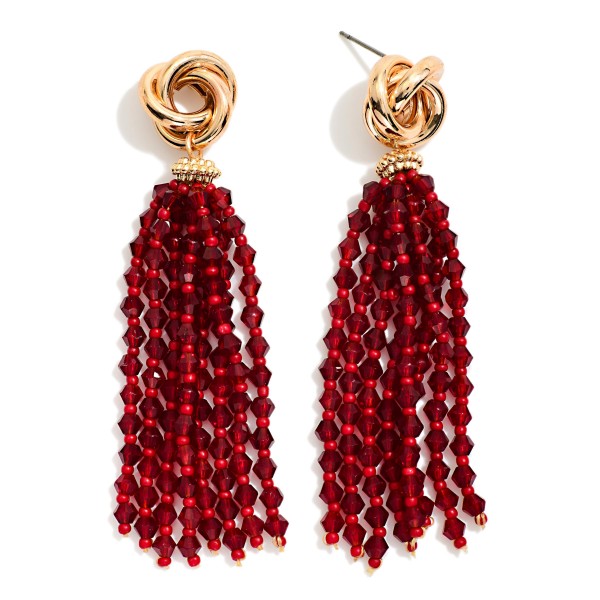 Metal Tone Knot & Beaded Tassel Post Drop Earrings 

- Approximately 3" L