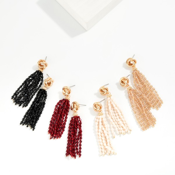 Metal Tone Knot & Beaded Tassel Post Drop Earrings 

- Approximately 3" L