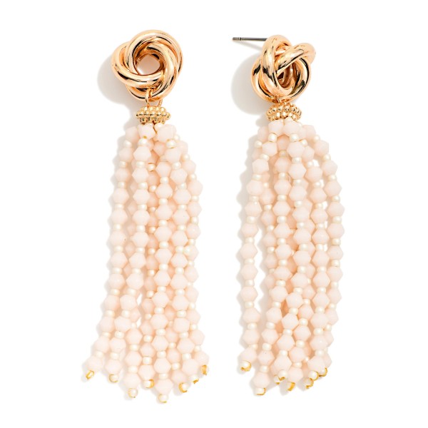 Metal Tone Knot & Beaded Tassel Post Drop Earrings 

- Approximately 3" L