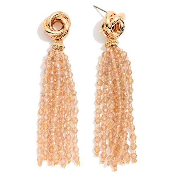 Metal Tone Knot & Beaded Tassel Post Drop Earrings 

- Approximately 3" L