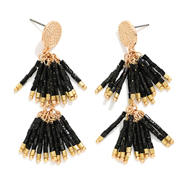 Layered Seed Beaded Tassels Post Drop Earrings 

- Approximately 2.5" L