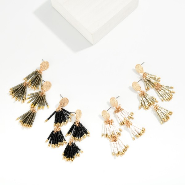 Layered Seed Beaded Tassels Post Drop Earrings 

- Approximately 2.5" L
