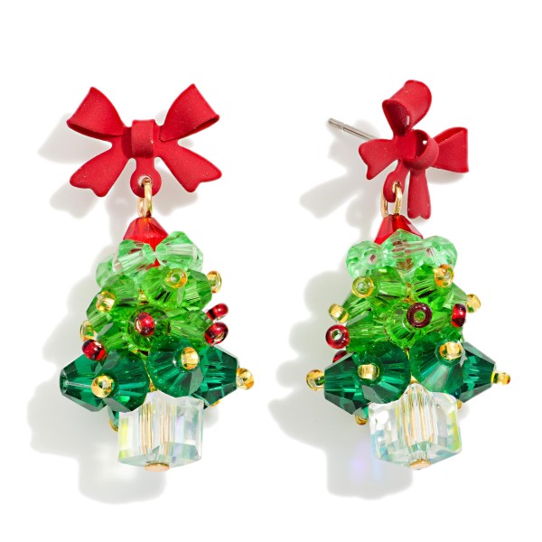 Beaded Christmas Tree & Clay Bow Post Drop Earrings 

- Approximately 1.5" L