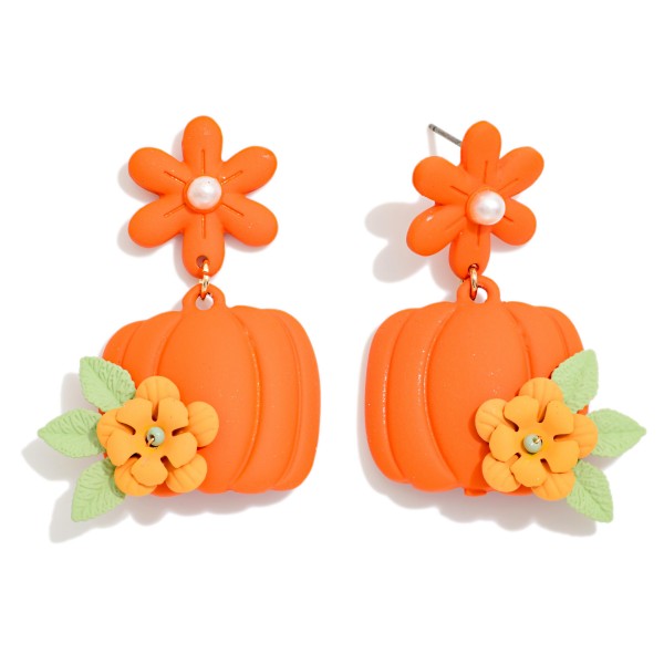Linked Polymer Clay Flower & Pumpkin Post Drop Earrings 

- Approximately .75" L
