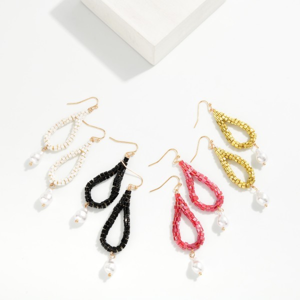 Seed Bead Beaded Teardrop Earrings With Baroque Pearl Detail 

- Approximately 2.5" L