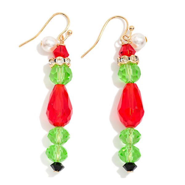 Faceted Christmas Beaded Drop Earrings With Rhinestone & Pearl Details 

- Approximately 2.25" L