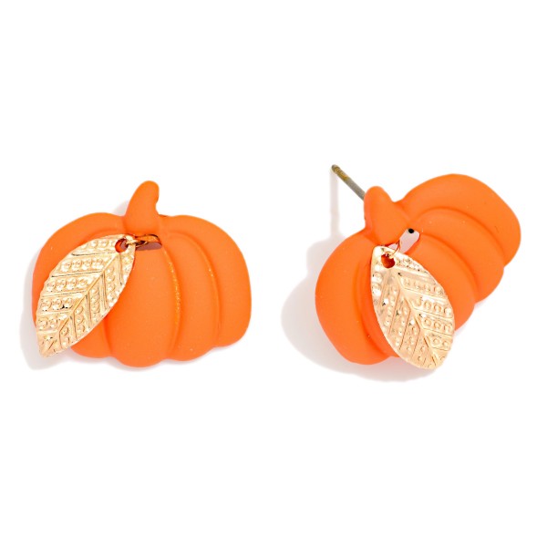 Polymer Clay Pumpkin Post Drop Earrings With Metal Tone Leaf Detail 

- Approximately .75" L