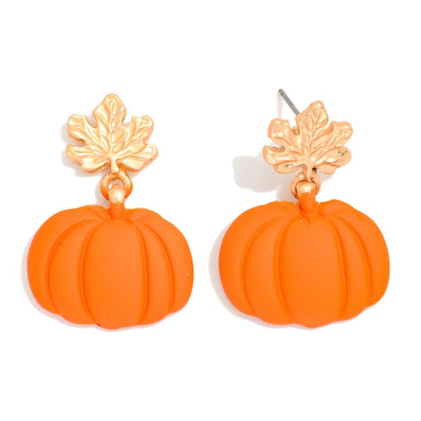 Polymer Clay Pumpkin & Metal Tone Leaf Post Drop Earrings 

- Approximately 1.5" L
