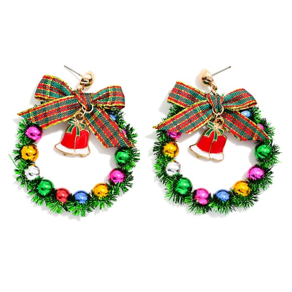 Beaded Tinsel Wreath With Plaid Bow & Enamel Christmas Bells Drop Earrings 

- Approximately 2.25" L